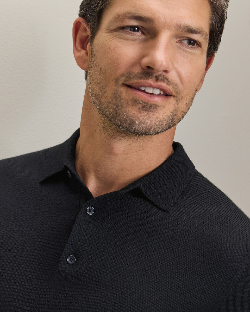 Pure Merino Wool Button Neck Polo - Black