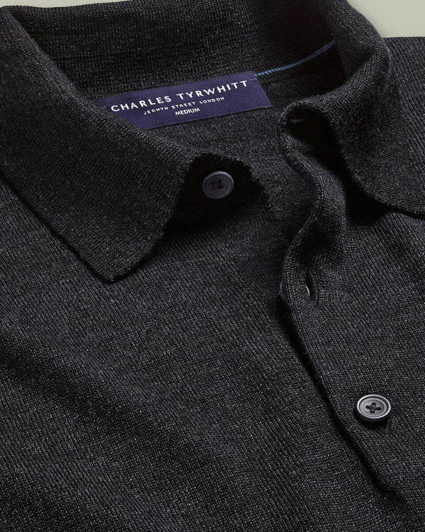 Pure Merino Wool Button Neck Polo - Charcoal Gray