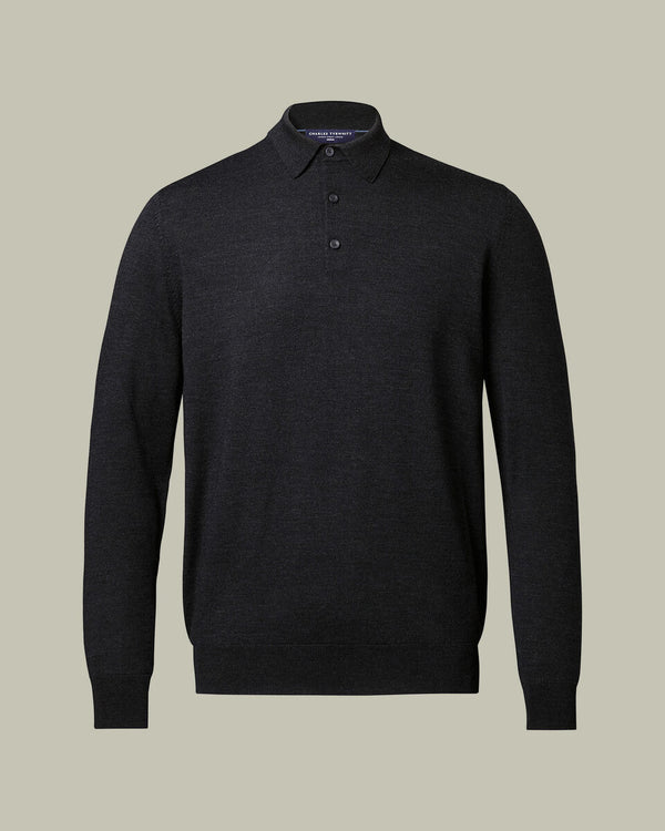 Pure Merino Wool Button Neck Polo - Charcoal Gray