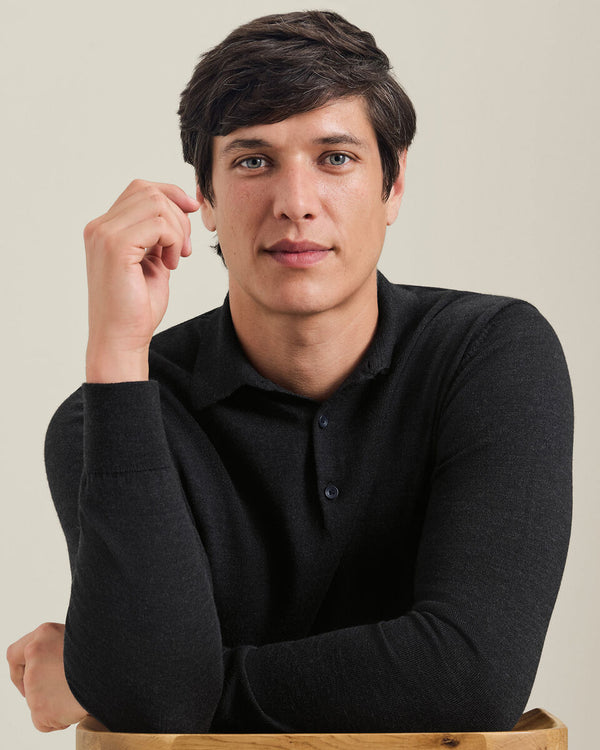 Pure Merino Wool Button Neck Polo - Charcoal Gray