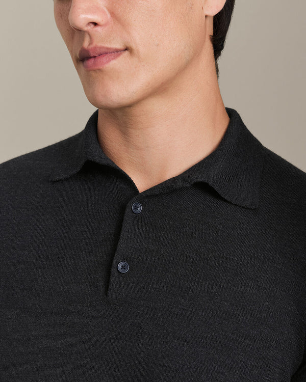 Pure Merino Wool Button Neck Polo - Charcoal Gray
