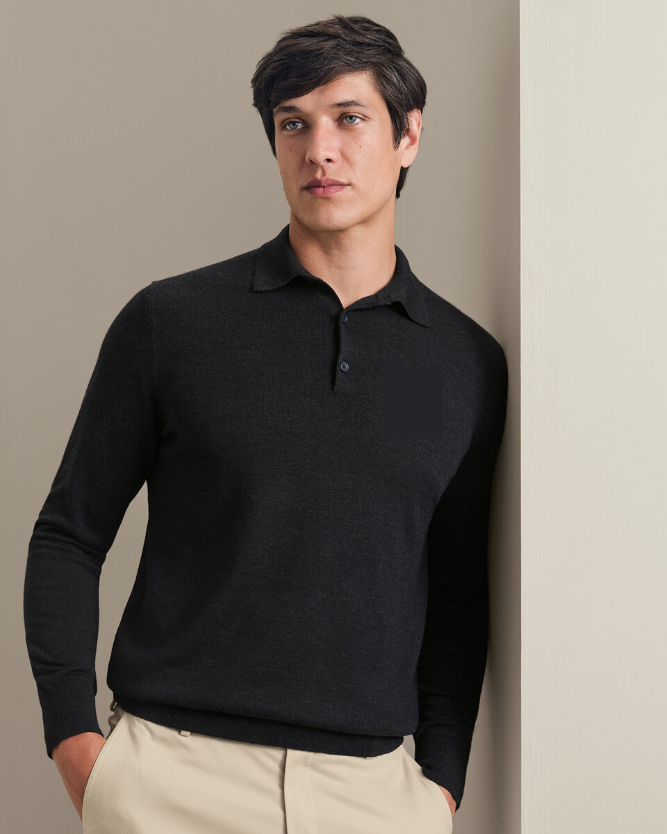 Pure Merino Wool Button Neck Polo - Charcoal Gray Main image