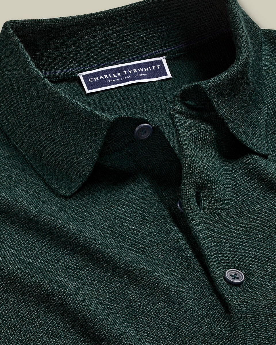 Pure Merino Wool Button Neck Polo - Forest Green