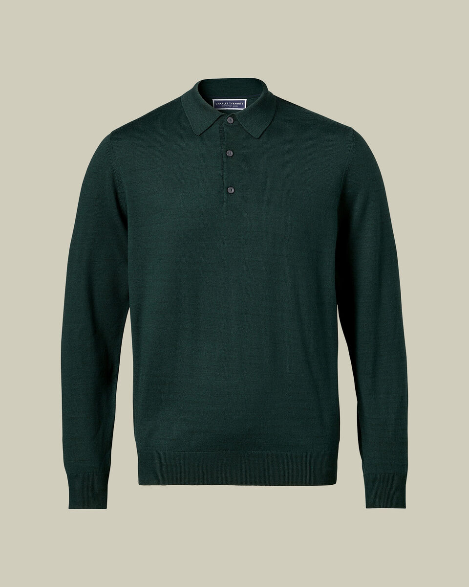 Pure Merino Wool Button Neck Polo - Forest Green