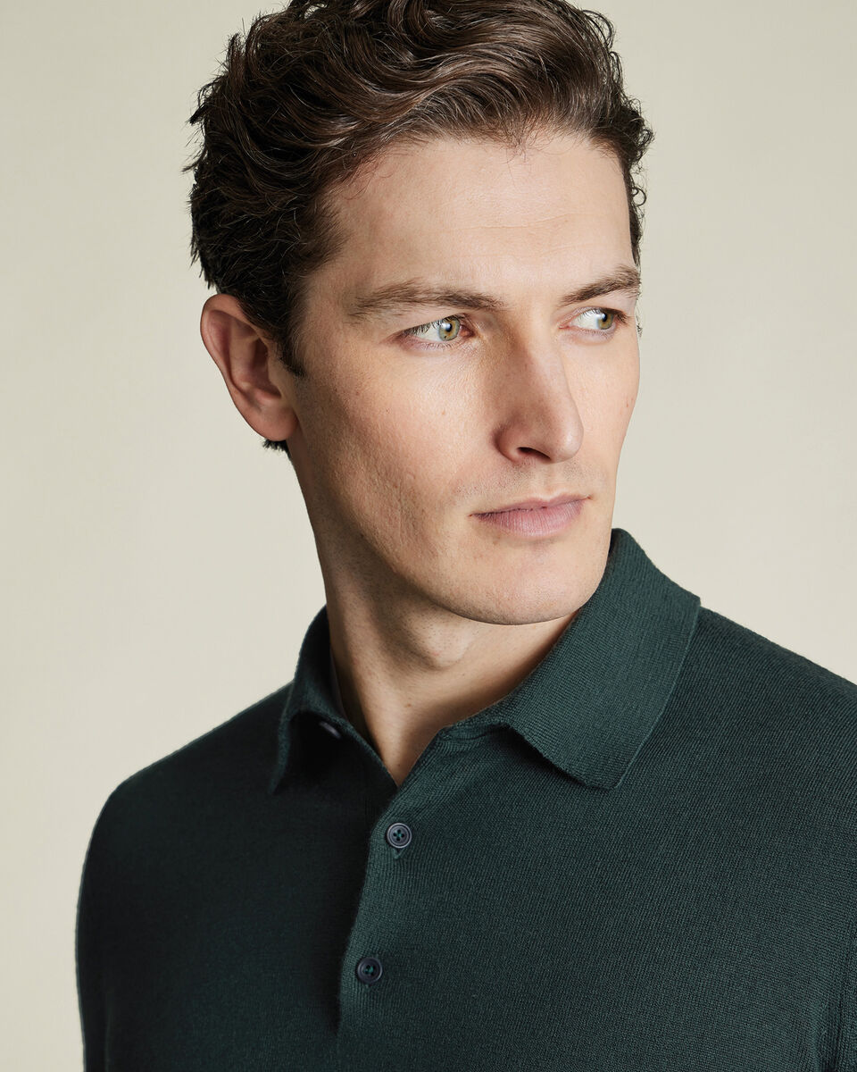 Pure Merino Wool Button Neck Polo - Forest Green