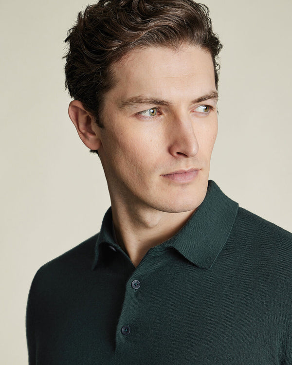 Pure Merino Wool Button Neck Polo - Forest Green