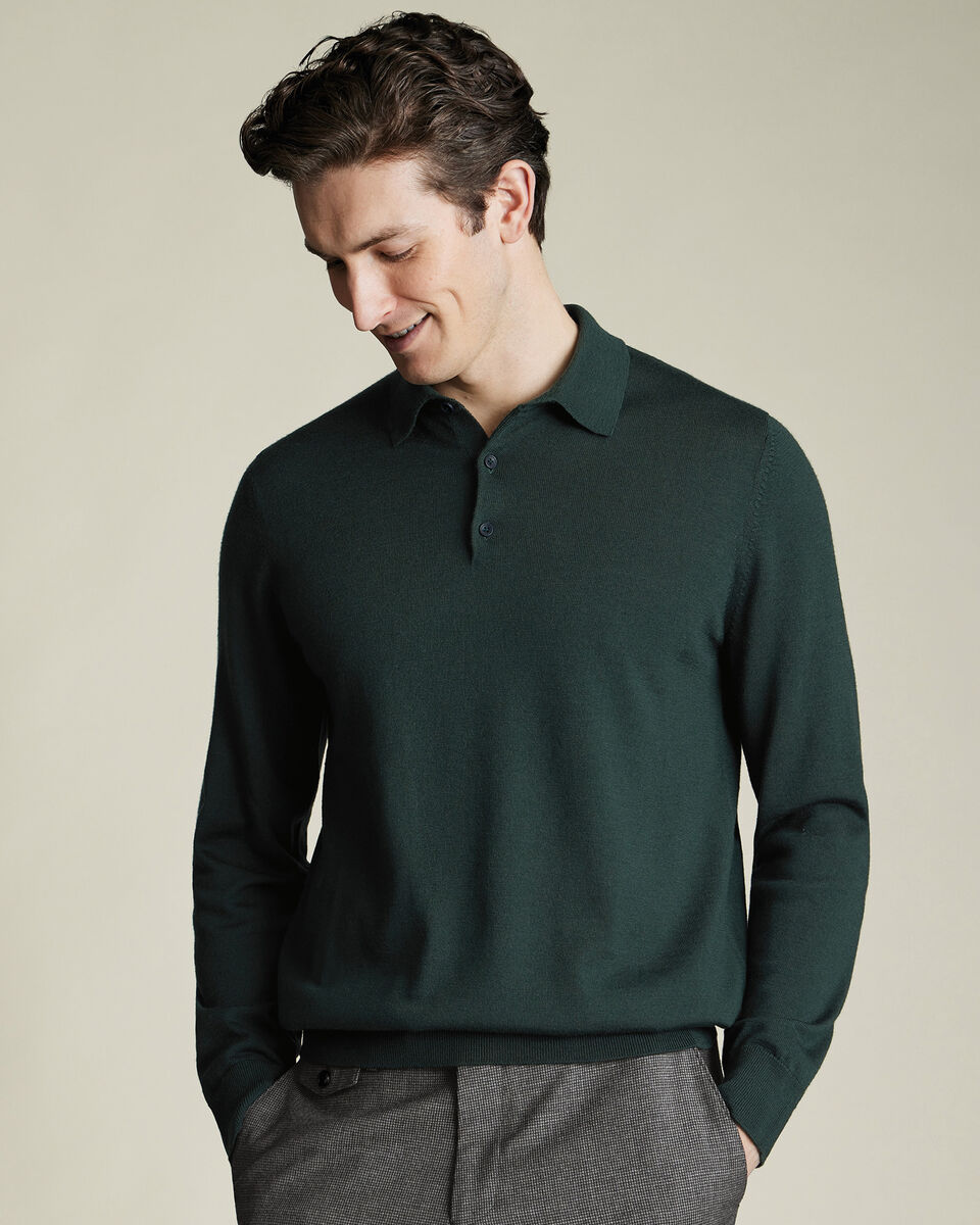 Pure Merino Wool Button Neck Polo - Forest Green