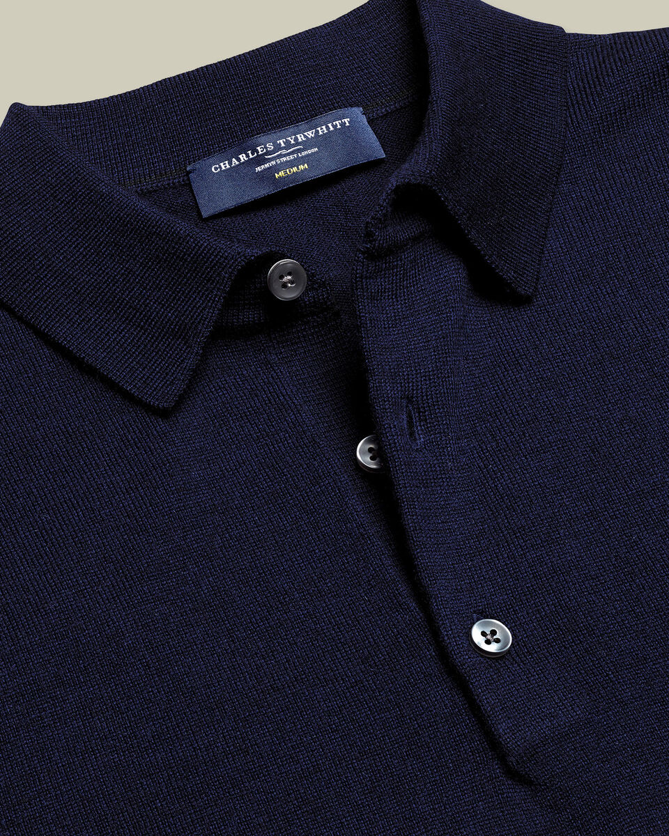 Pure Merino Wool Button Neck Polo - Navy Secondary image