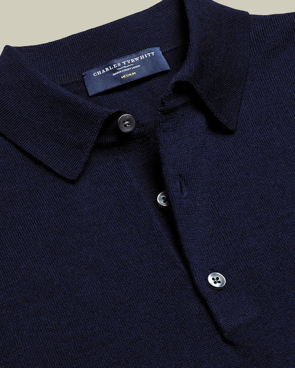 Pure Merino Wool Button Neck Polo - Navy