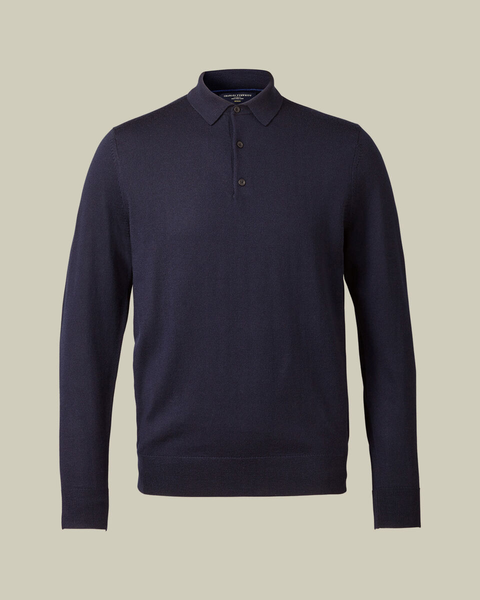 Pure Merino Wool Button Neck Polo - Navy