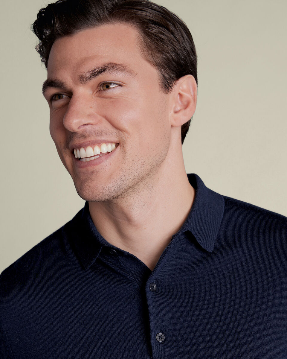 Pure Merino Wool Button Neck Polo - Navy