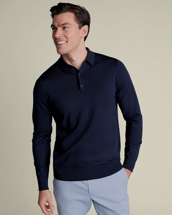 Pure Merino Wool Button Neck Polo - Navy