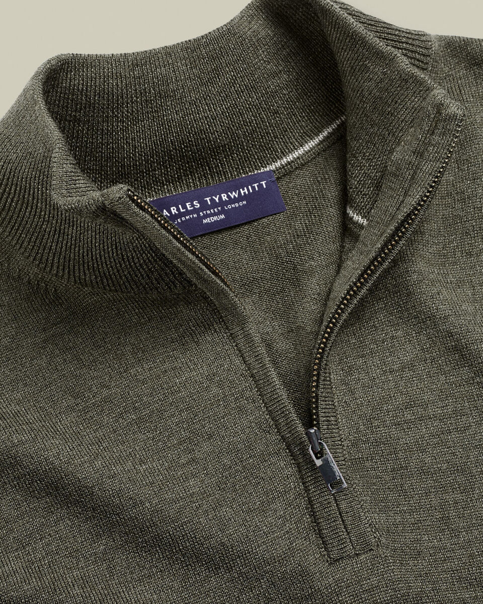 Pure Merino Quarter Zip Sweater - Olive Green Melange