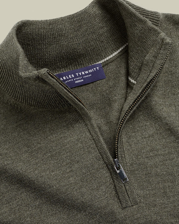 Pure Merino Quarter Zip Sweater - Olive Green Melange
