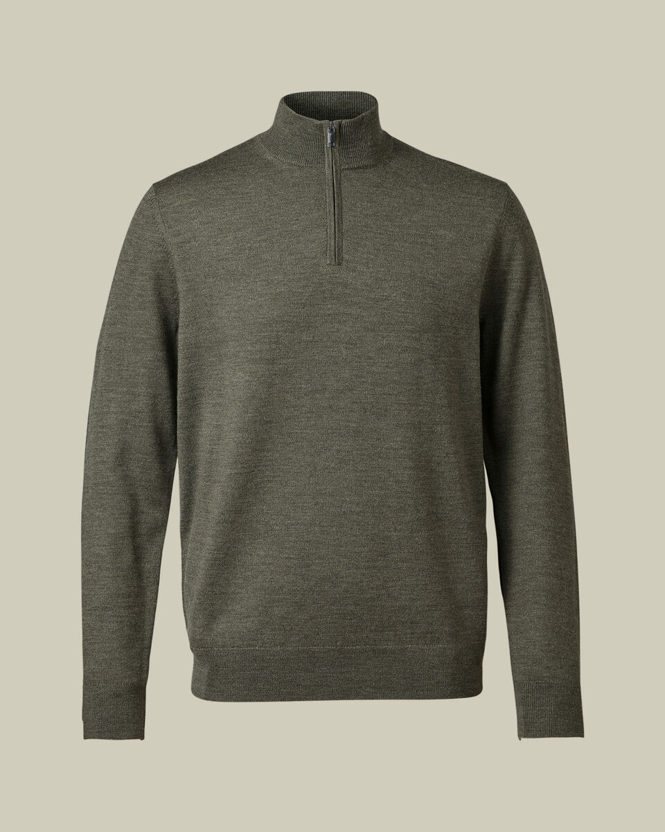 Pure Merino Quarter Zip Sweater - Olive Green Melange