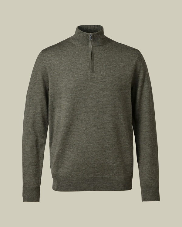 Pure Merino Quarter Zip Sweater - Olive Green Melange