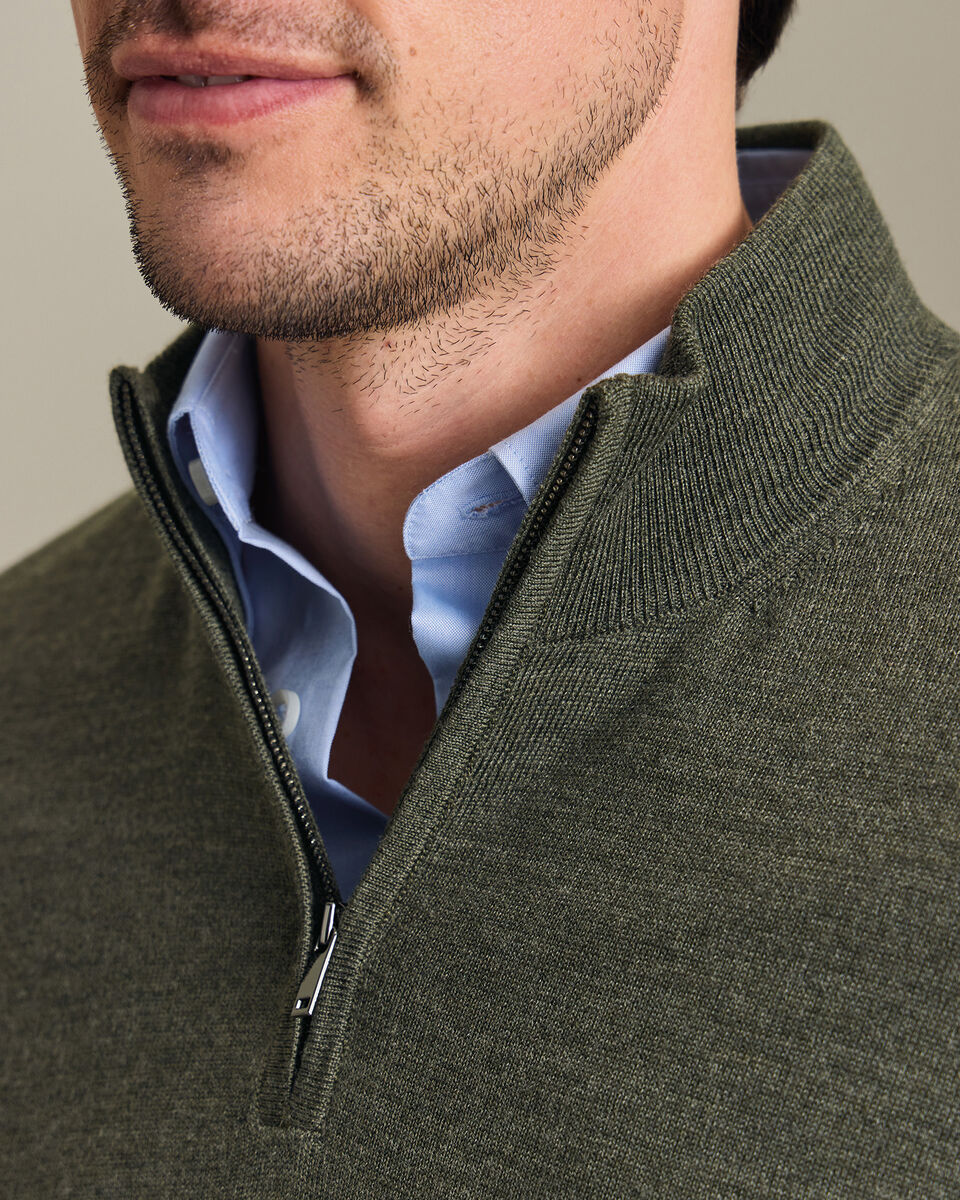 Pure Merino Quarter Zip Sweater - Olive Green Melange