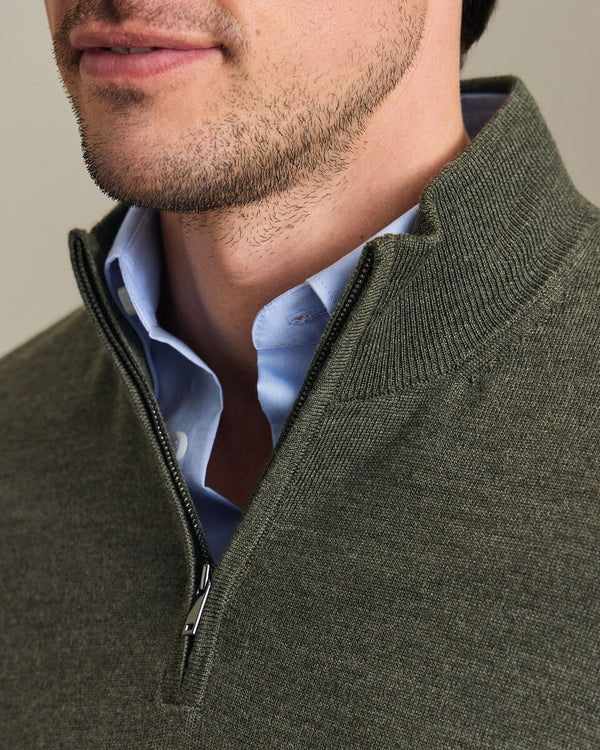 Pure Merino Quarter Zip Sweater - Olive Green Melange