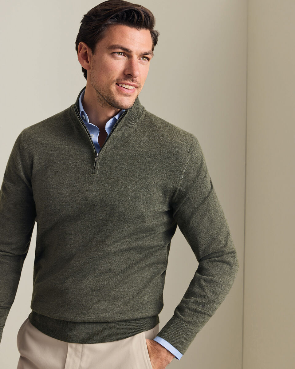 Pure Merino Quarter Zip Sweater - Olive Green Melange