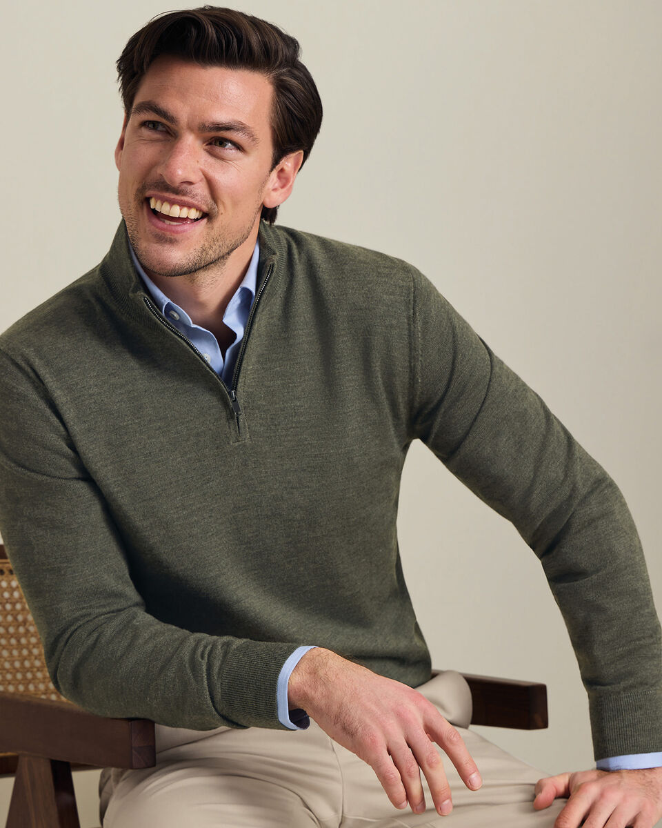 Pure Merino Quarter Zip Sweater - Olive Green Melange