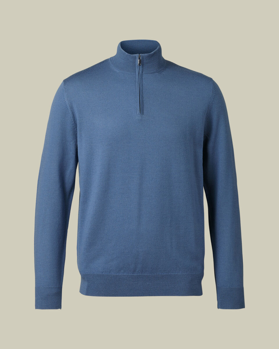 Pure Merino Quarter Zip Sweater - Steel Blue