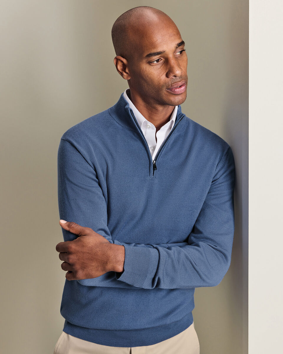 Pure Merino Quarter Zip Sweater - Steel Blue