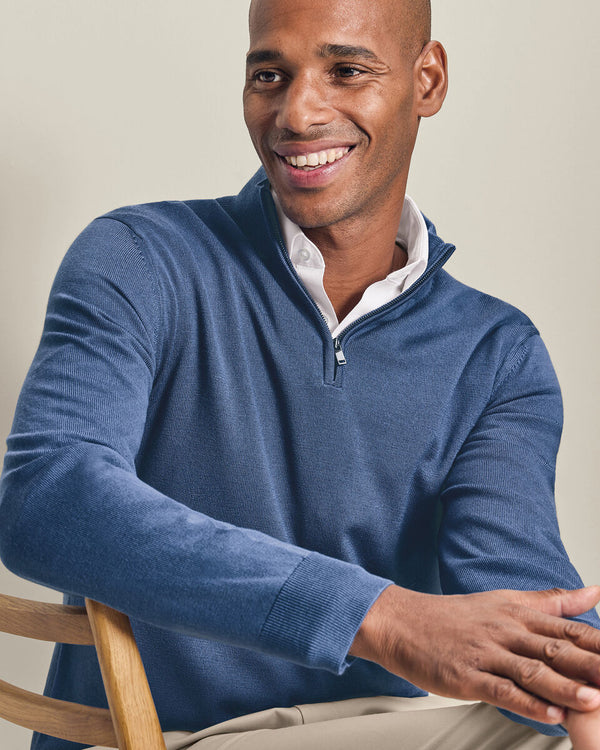 Pure Merino Quarter Zip Sweater - Steel Blue