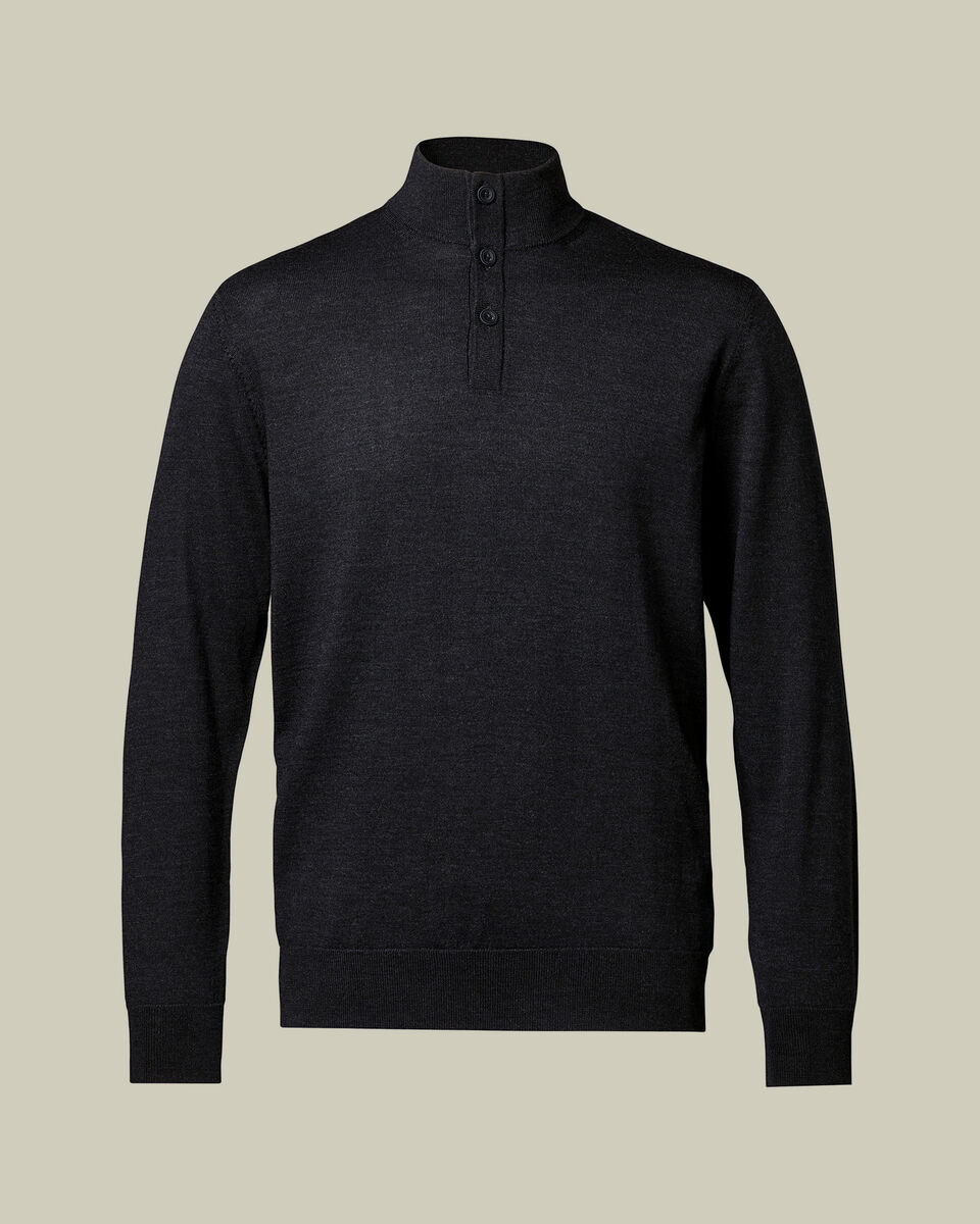 Pure Merino Button Neck Sweater - Dark Charcoal