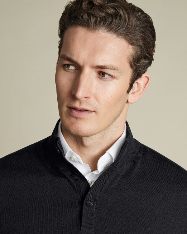 Pure Merino Button Neck Sweater - Dark Charcoal