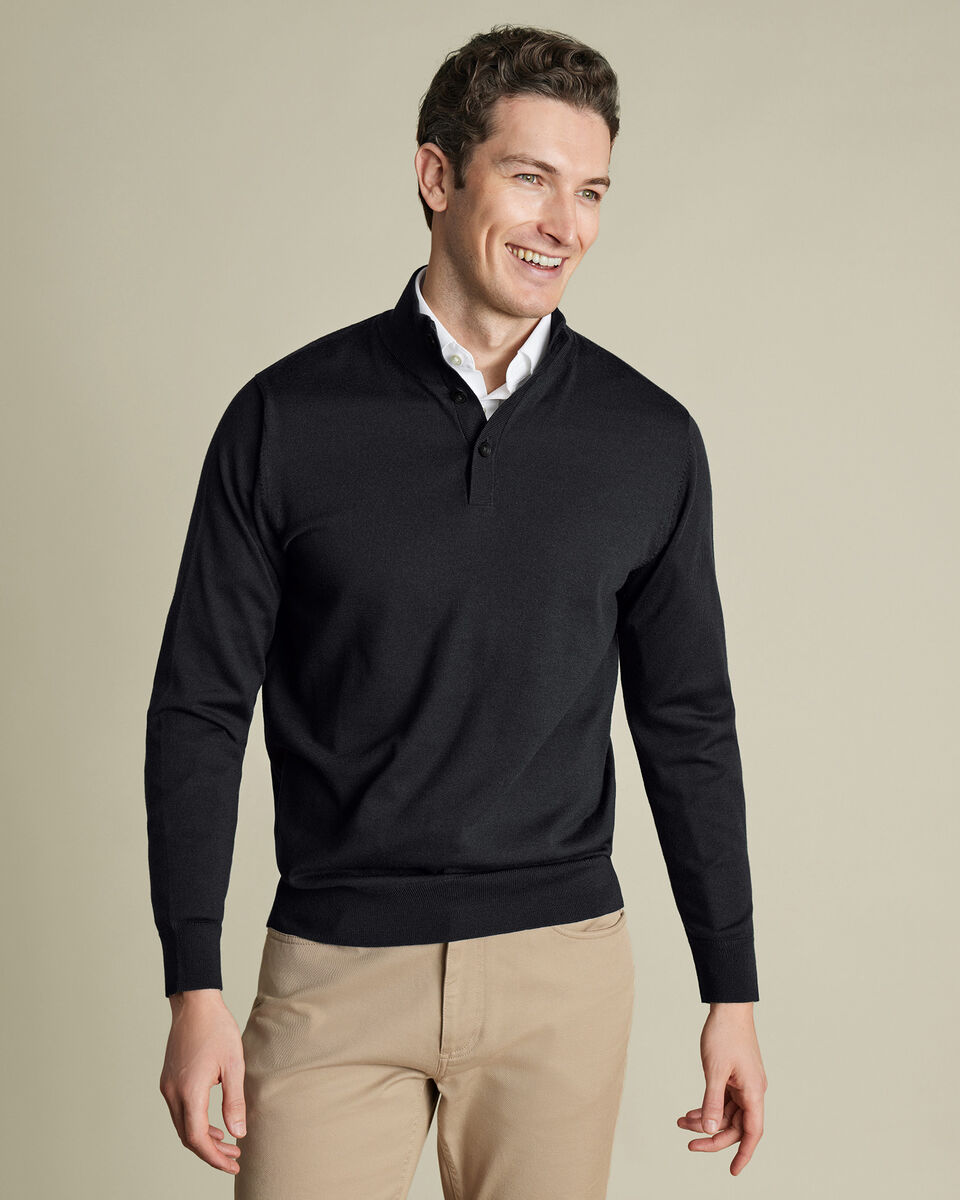 Pure Merino Button Neck Sweater - Dark Charcoal Main image