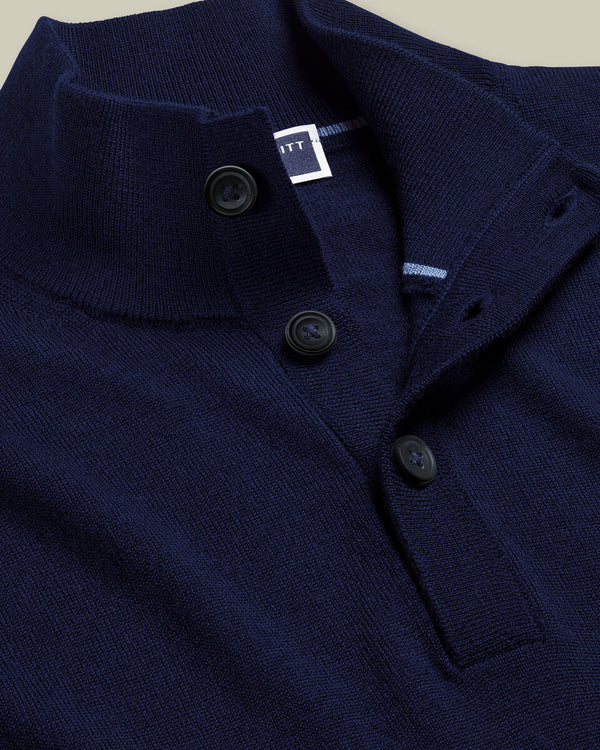 Pure Merino Button Neck Sweater - Navy