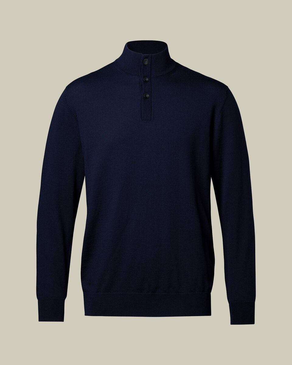 Pure Merino Button Neck Sweater - Navy