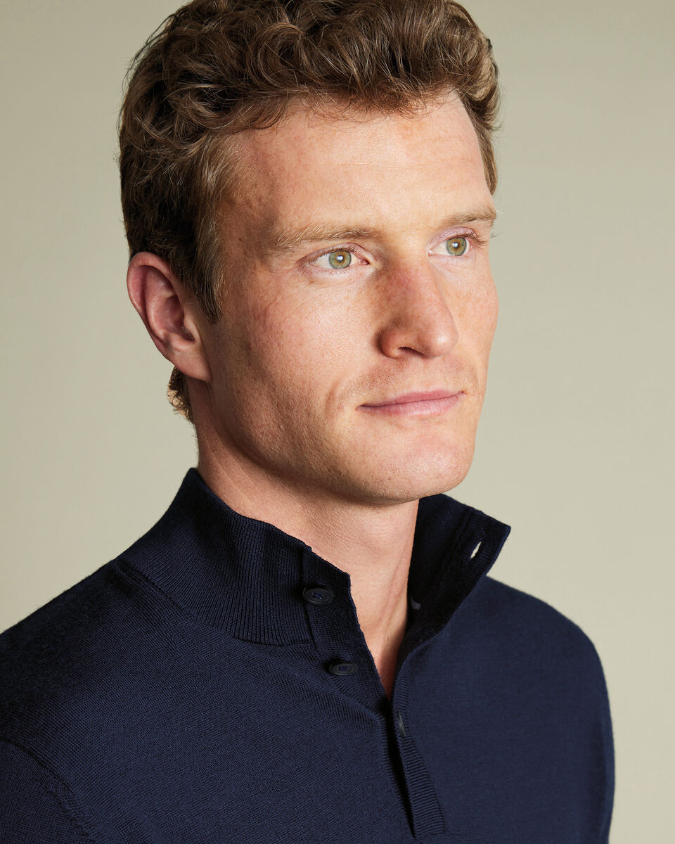 Pure Merino Button Neck Sweater - Navy