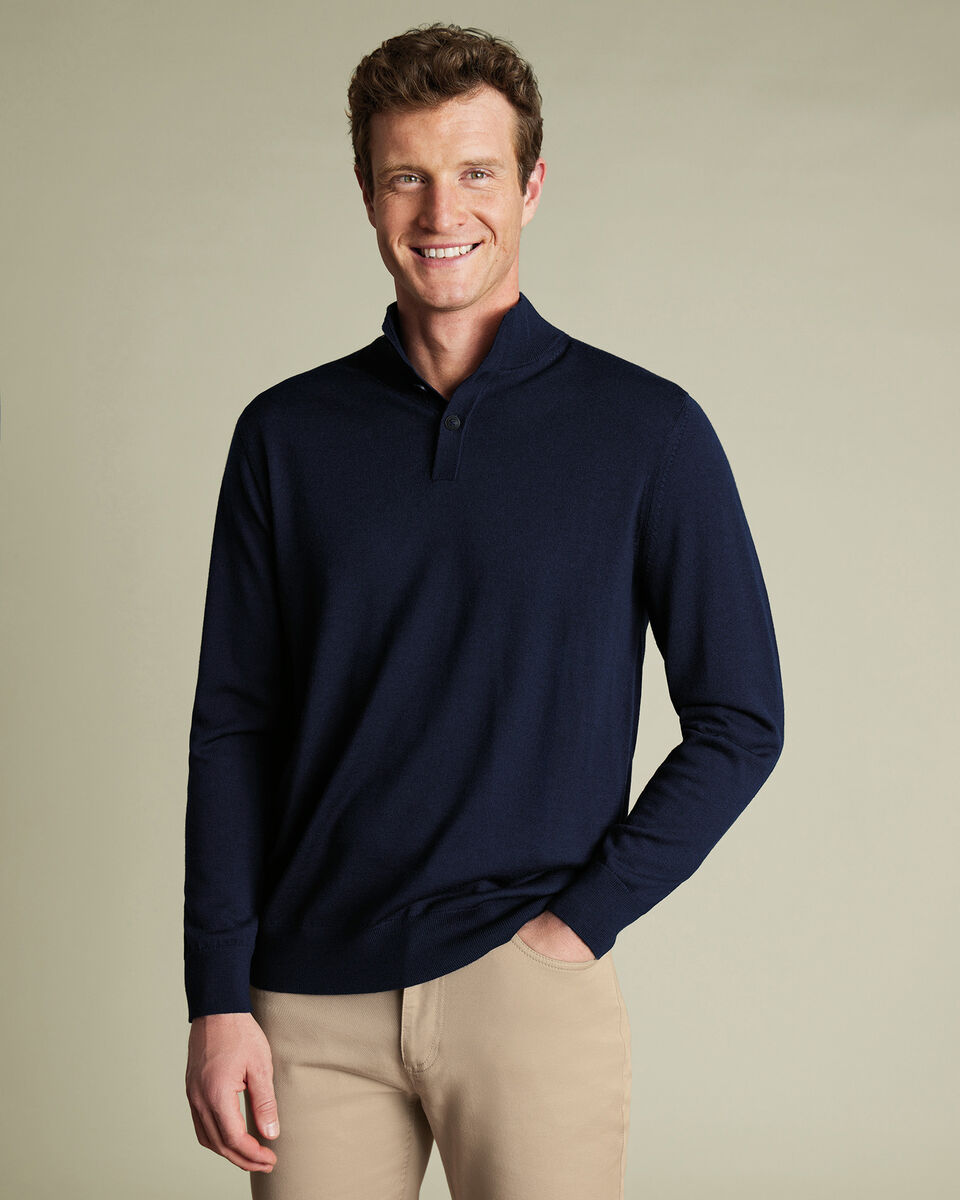 Pure Merino Button Neck Sweater - Navy
