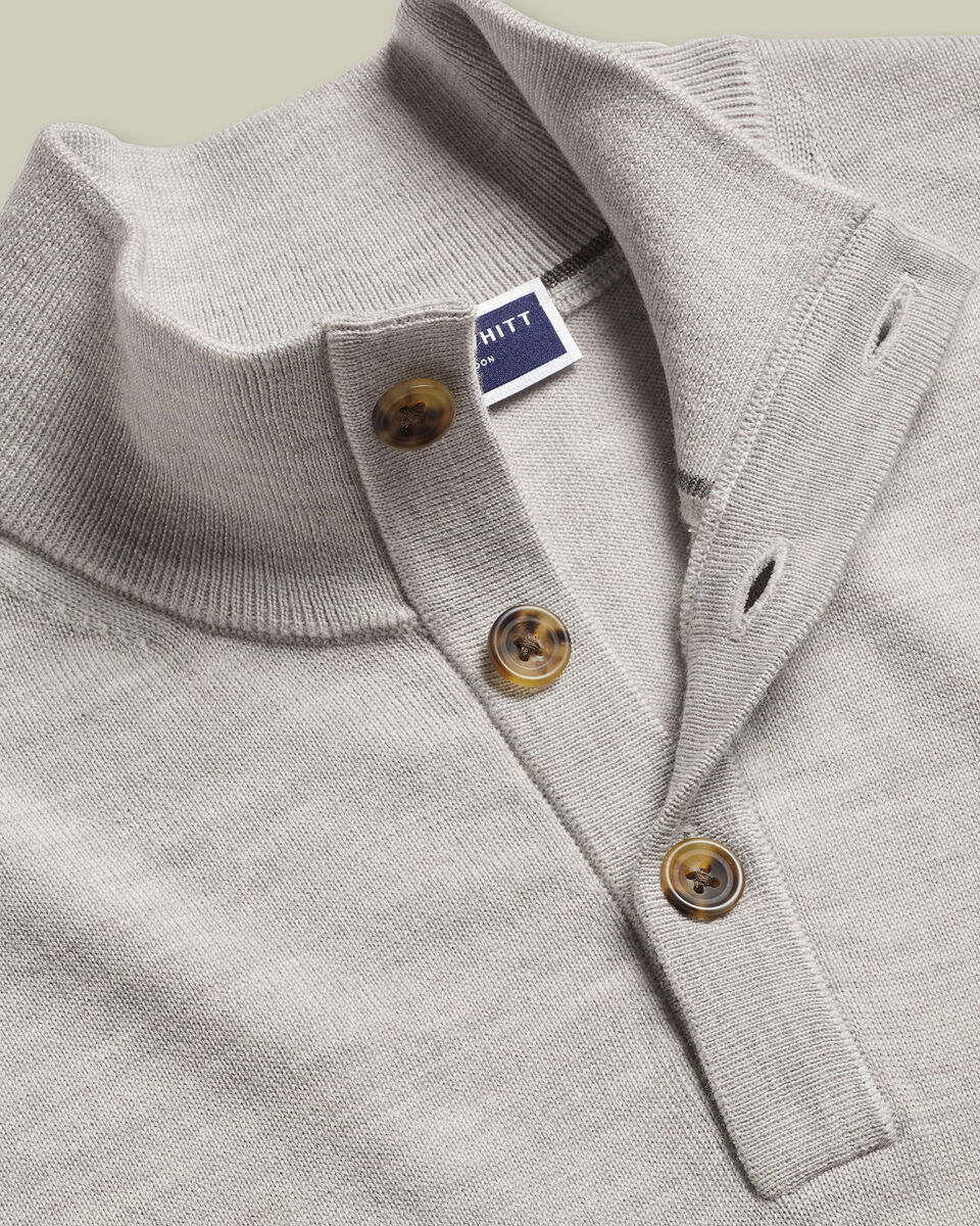Pure Merino Button Neck Sweater - Silver Gray