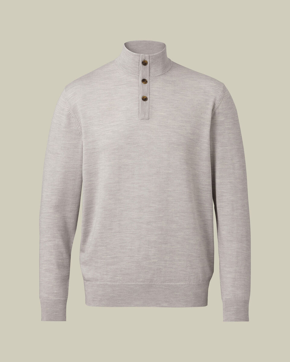 Pure Merino Button Neck Sweater - Silver Gray