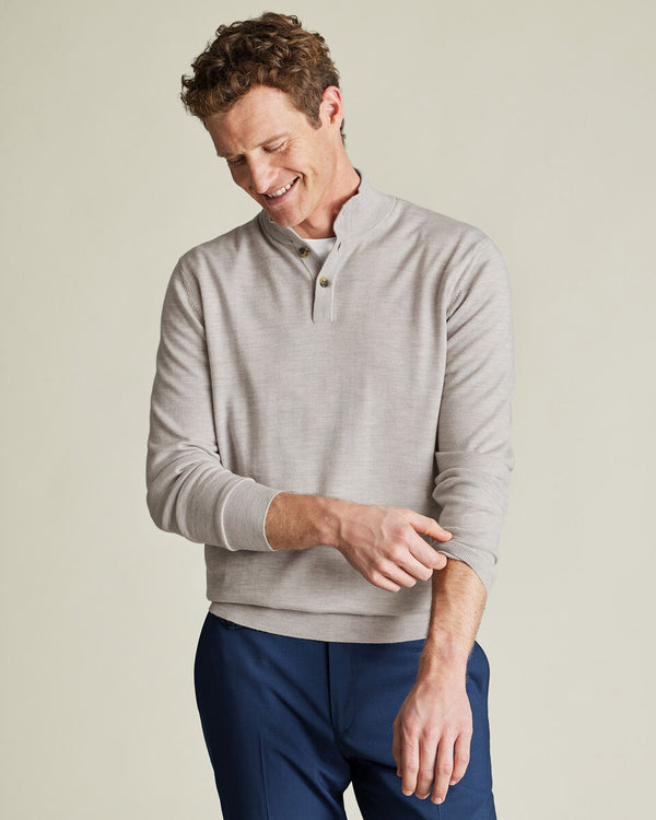 Pure Merino Button Neck Sweater - Silver Gray