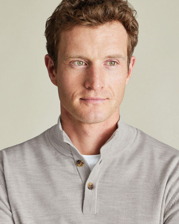 Pure Merino Button Neck Sweater - Silver Gray