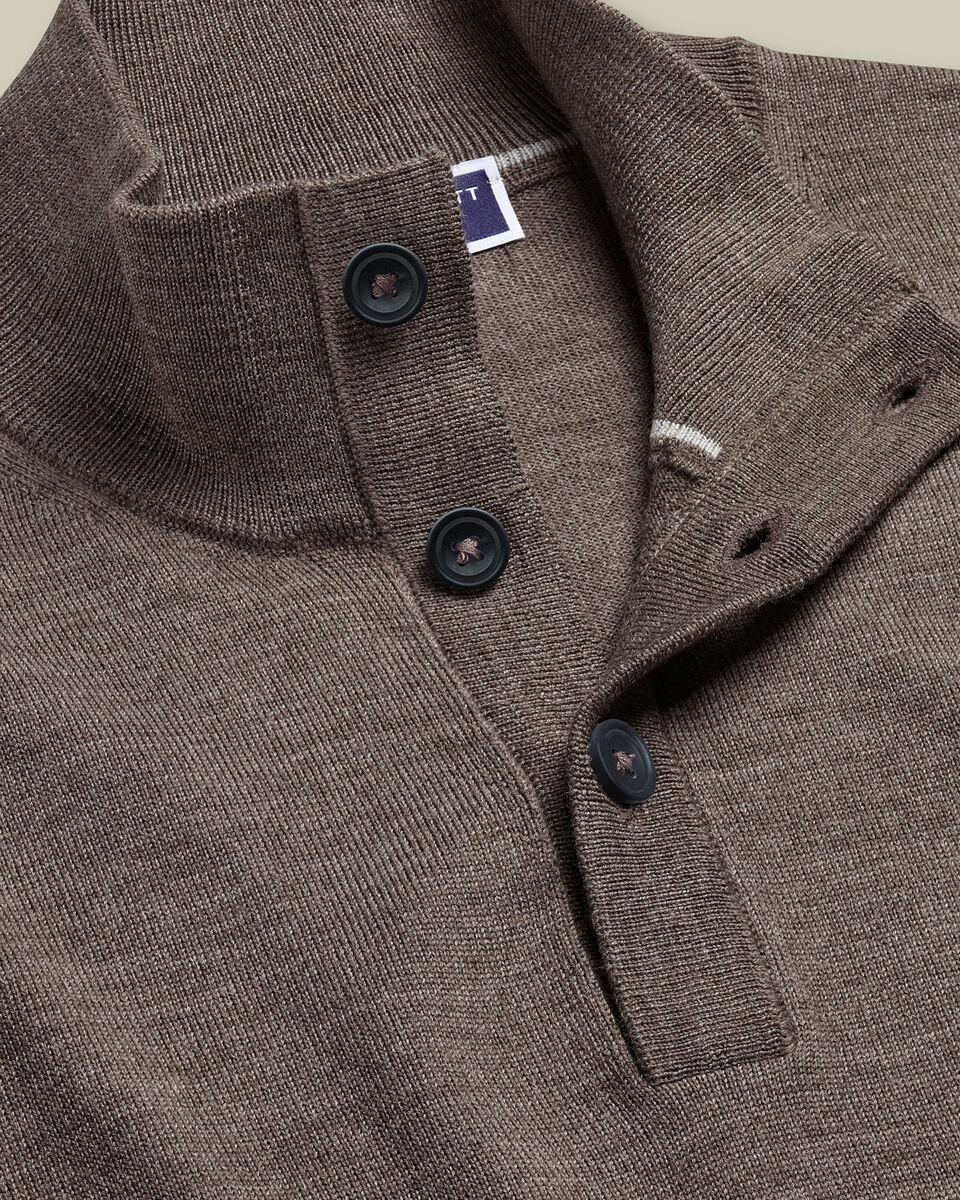 Pure Merino Button Neck Sweater - Mocha