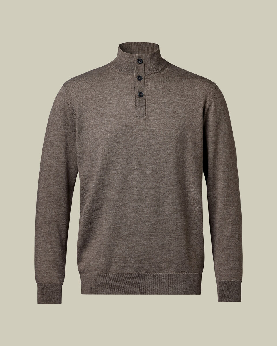 Pure Merino Button Neck Sweater - Mocha