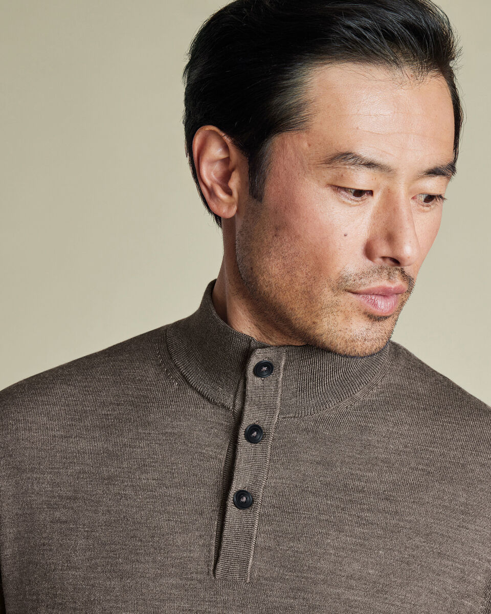 Pure Merino Button Neck Sweater - Mocha