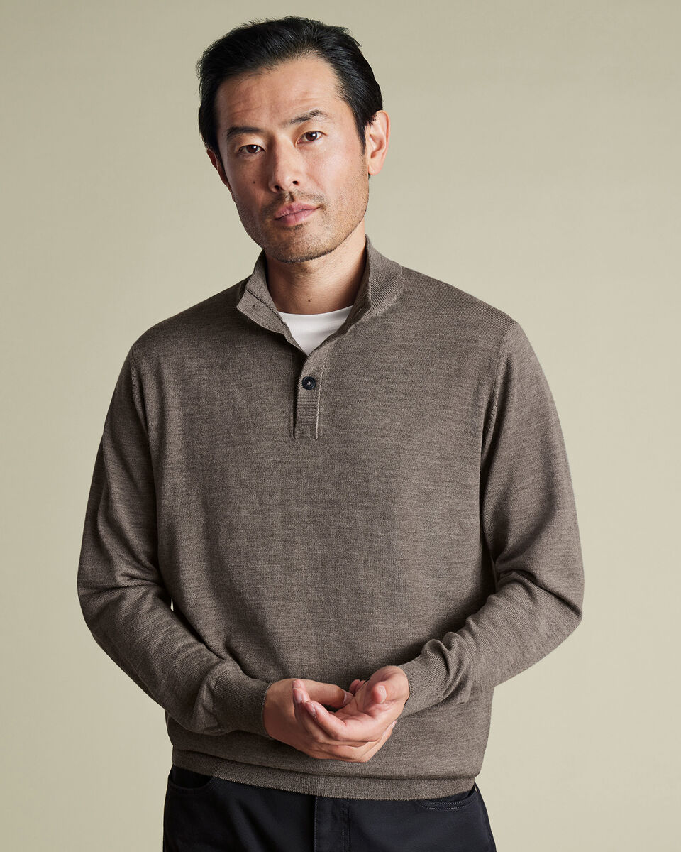 Pure Merino Button Neck Sweater - Mocha