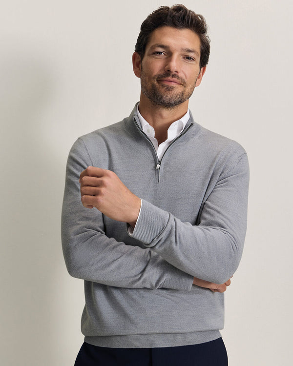 Pure Merino Quarter Zip Sweater - Light Gray