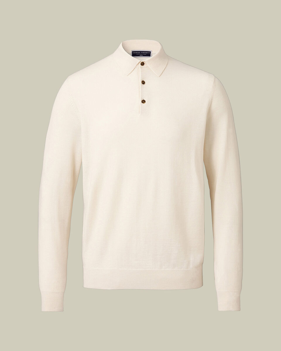 Pure Merino Wool Button Neck Polo - Cream