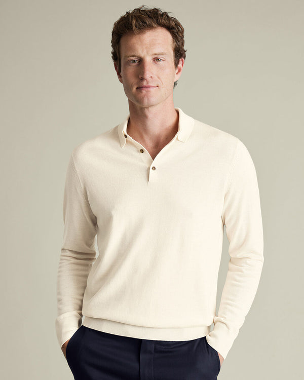 Pure Merino Wool Button Neck Polo - Cream