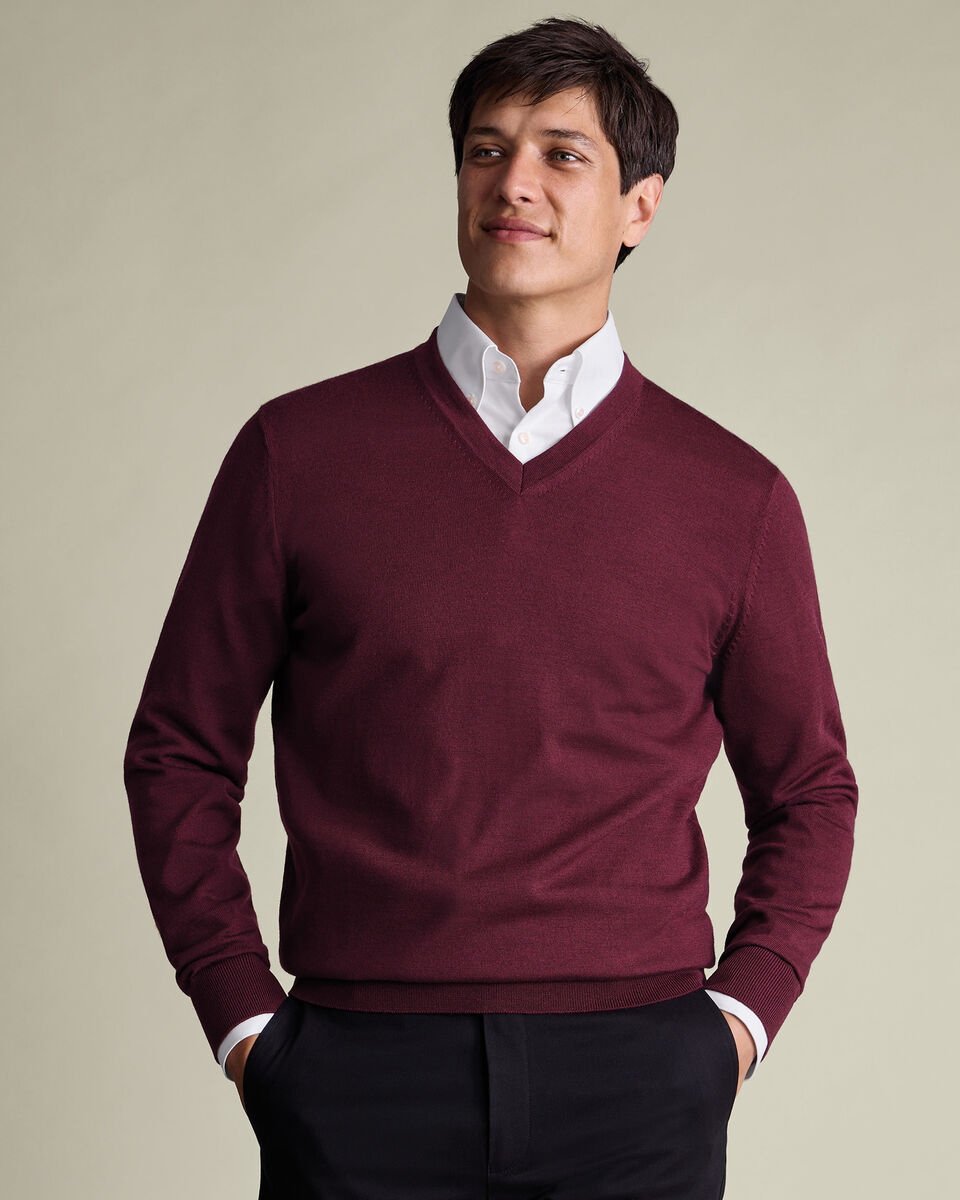 Pure Merino V-Neck Sweater - Burgundy