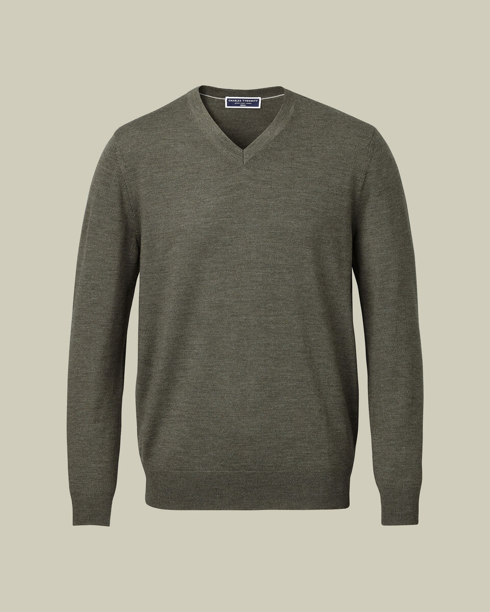 Pure Merino V-Neck Sweater - Olive Green
