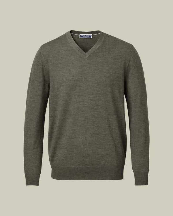 Pure Merino V-Neck Sweater - Olive Green