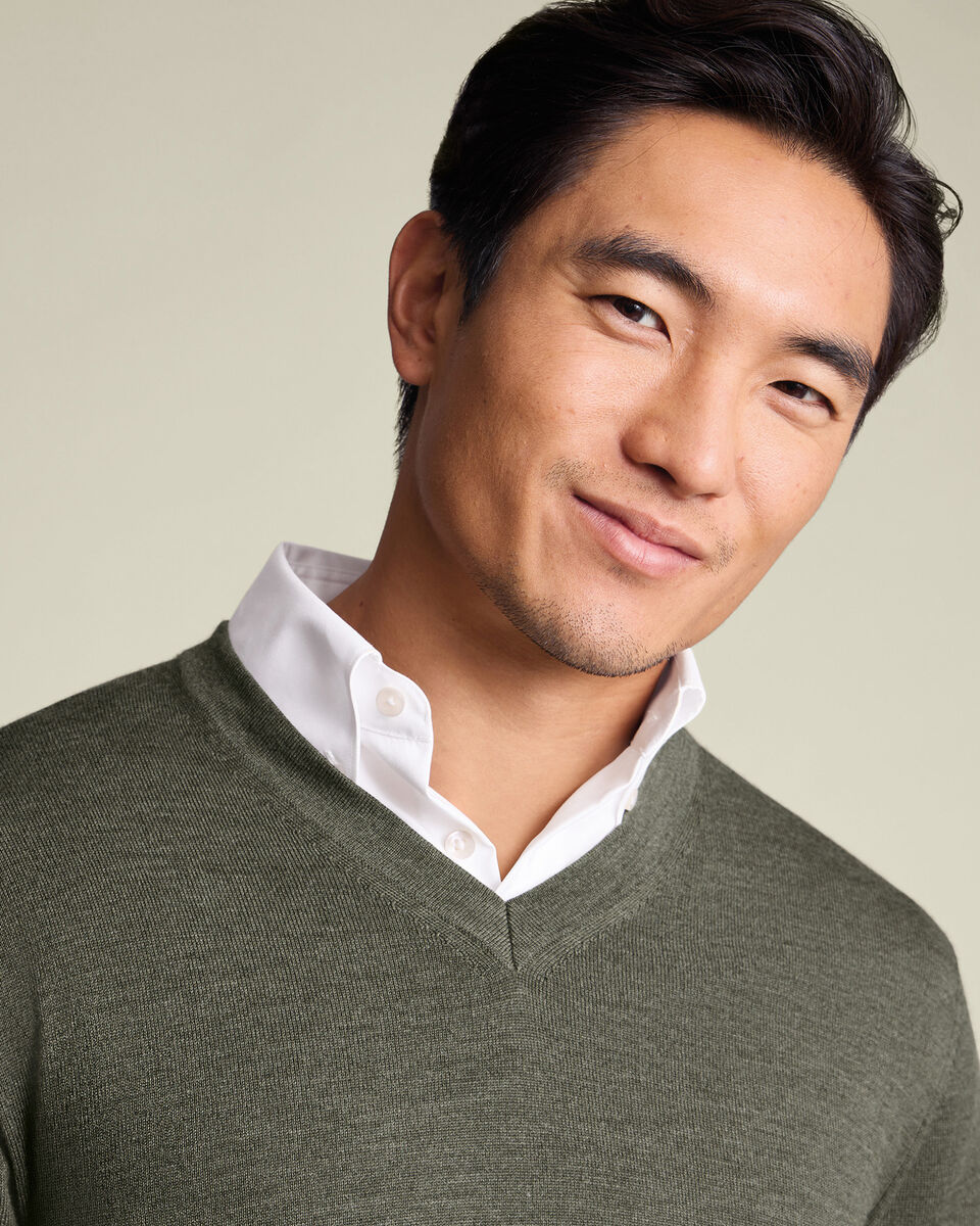 Pure Merino V-Neck Sweater - Olive Green