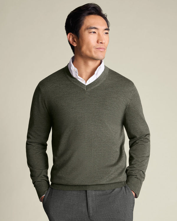 Pure Merino V-Neck Sweater - Olive Green